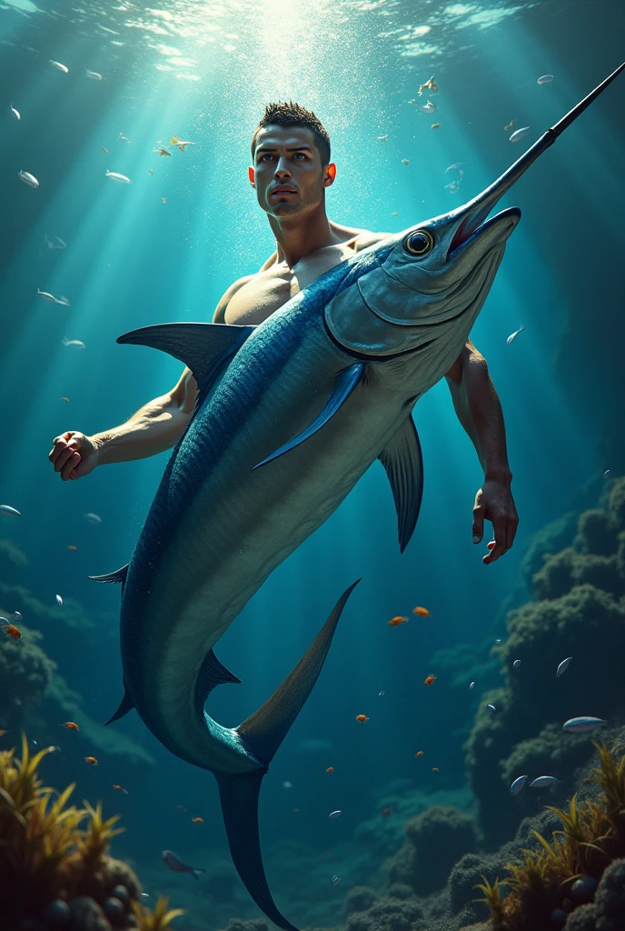 long-range guy in the depths of the sea, a couple of fish swim around him,,