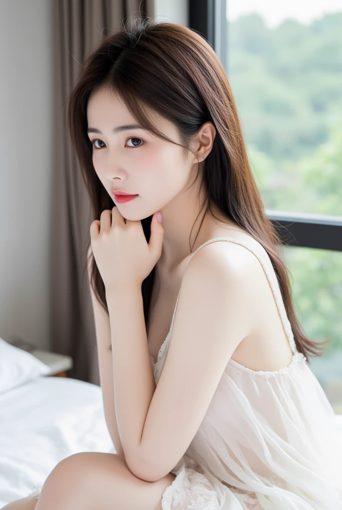 (Masterpiece, photo-realistic, high resolution, 8k,ultra resolution), Complete dynamic configuration, Korean Background, beautiful detailed eyes, normal sized eyes, middle long straight hair, red hair vibrant lips, big breasts, Random and plain generic poses, random case, winked, 30 year old woman, Korean woman, (drooping eyes 1.2), (sagging eyebrows 1.2), very beautiful appearance, slim body, natural makeup, sexy body, perfect body, center, full-length, (looking at camera) 