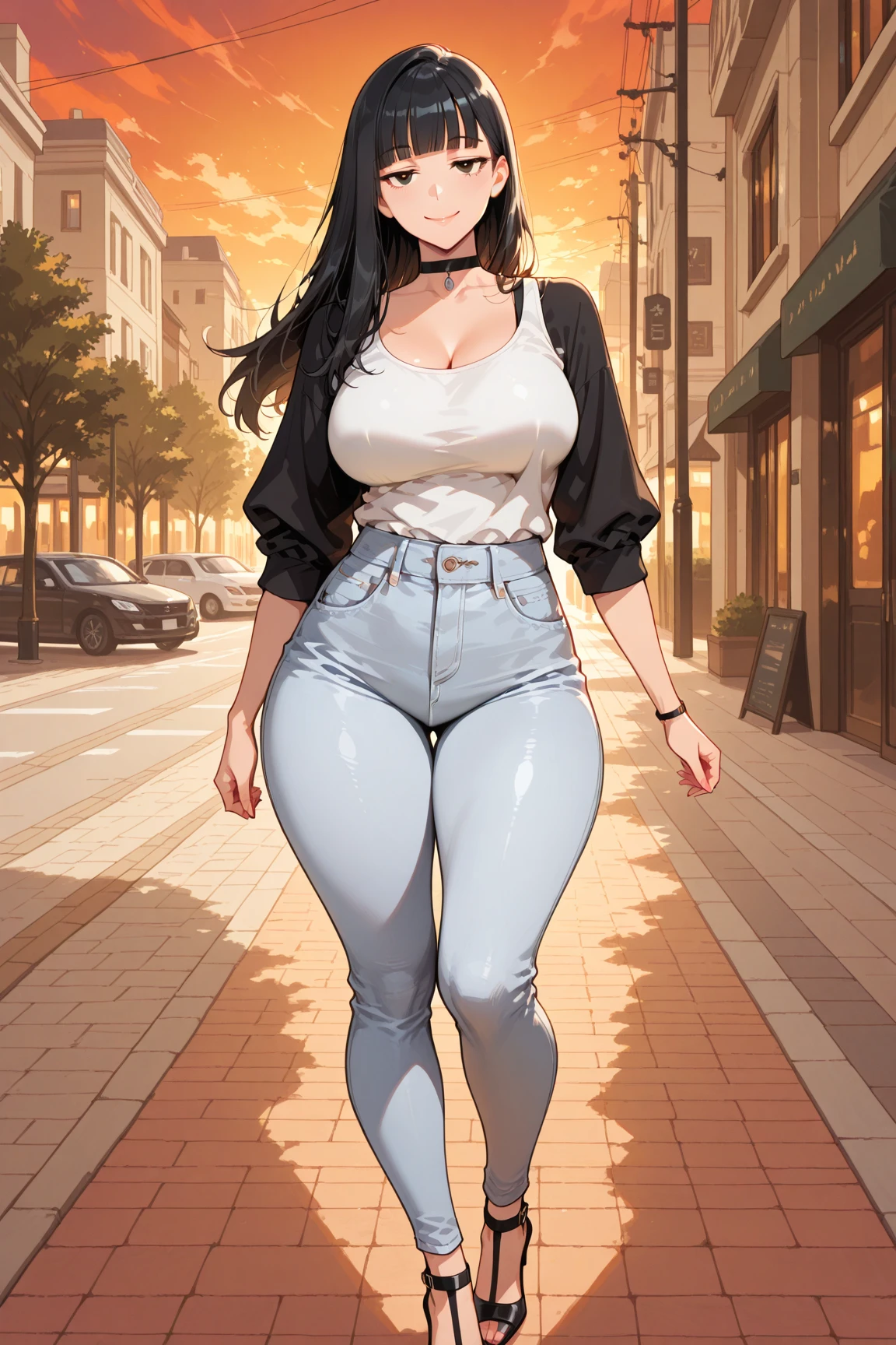one woman, wolf girl, wolf ears, wolf tail, violet hair, strong, firm body, thick thighs, big breasts, muscular arms, casual clothes, sfw, sexy, full body, masterpiece, highly detailed, tall woman, street wear,