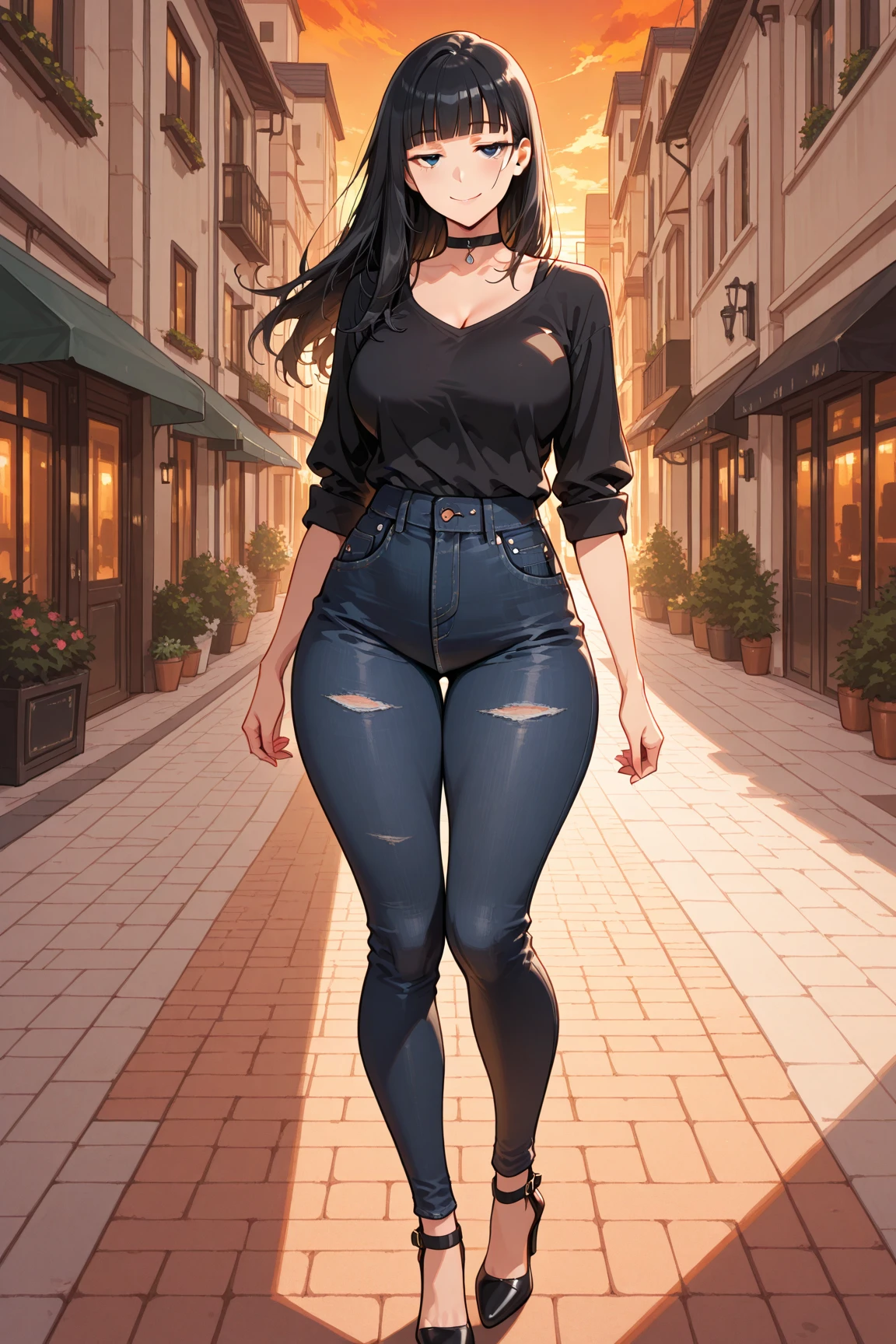 photo realism anime style Yusuke murata art with a big red wolf at his side Goddess phoenix girl chunli + Sakura perky breasts with cropped wavy hair v-cut dress v-cut ripped jeans wearing high heels walking on a dark gloomy street scared style photo realism, fully detailed drawing in black and monochrome bench and only the eyes in strong red 
