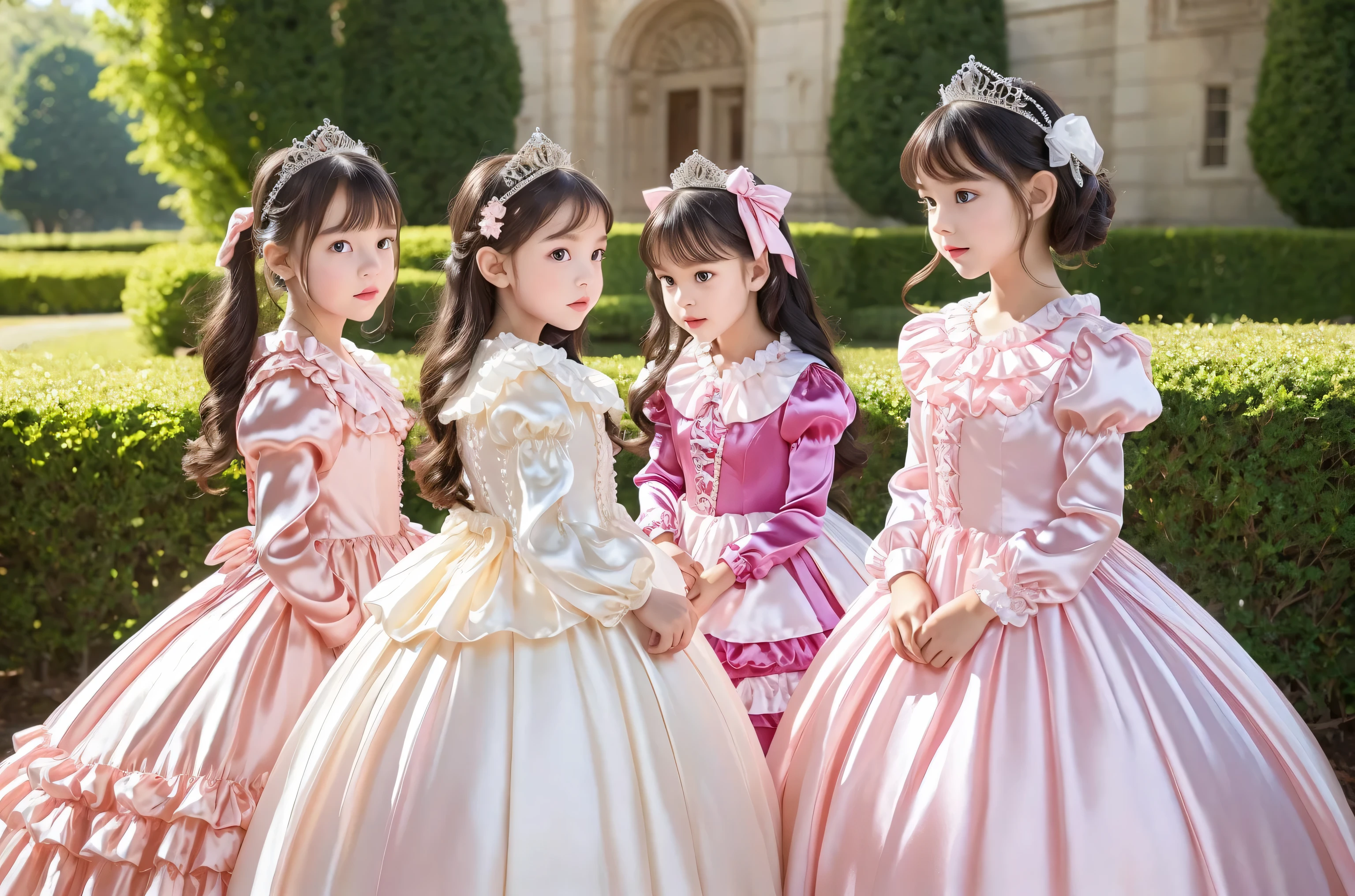 highest quality, masterpiece, highest resolution, artwork, super それにget used to it, many get used to it, get used to it, それにget used to it,, girl,cute girls,(()),((All 10 year old girls)),girls are princesses,everyone wears a tiara on their head,((all have volume,She is wearing a pink Victorian ball gown dress with a full-length hoop skirt)),the dress is round and bulging,(Long sleeves with ruffles),((A long dress that almost touches the floor)),A dress with lots of frills and ribbons..,((ruffle yoke collar)),luxury,inside the palace,Satin fabric dresses,They are kissing.,lesbian,in the Princess's bedroom,they are sitting on the huge luxury bed,