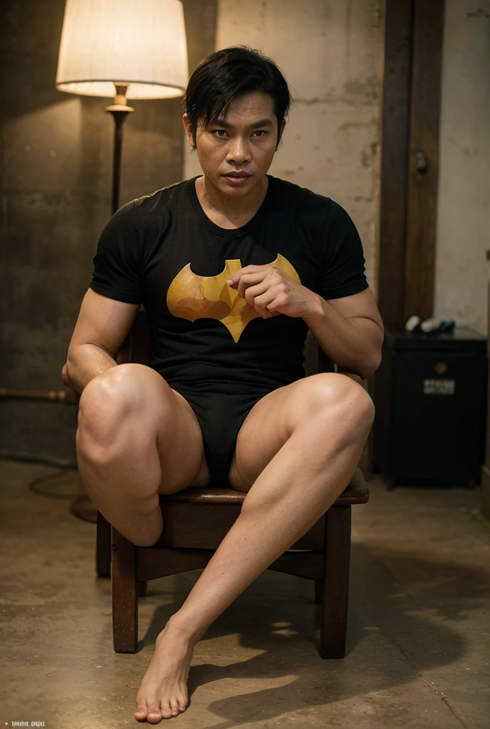 ((Men only)), (handsome man in his 20s), ((batman)), (Batman's appearance is characterized by sexy micro thong , adorned with a bat emblem), (Mischievous smile), HIG quality, beautidful eyes, (Detailed face and eyes), (Face、: 1 / 2), Noise, Real Photographics、... .PSD, Sharp Focus, High resolution 8K, realisitic & Professional Photography, 8K UHD, Soft lighting, High quality, Film grain, FujifilmXT3 ,sexy , NSFW , eroticism , full length shot(fls) ,standing, (thick thighs , phat fat hips ,wide pelvis , skindentation & wide hips) , handsome boy , ((pear-shaped body)) , smirk , grins , K-pop idol looking , (phat hips , unrealistic wide hips , unrealistic wide pelvis , plump hips), bare thighs, bare chest , bondage collar , pear-shaped body