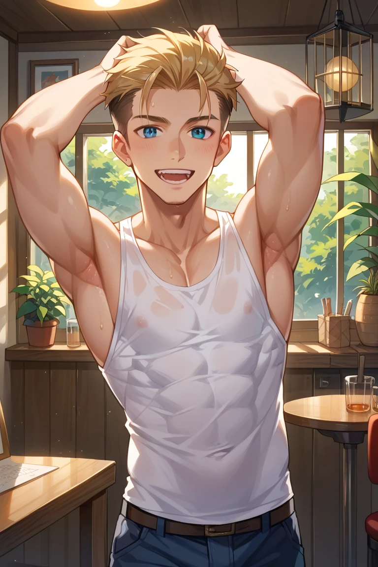 Browsing Caution,(Petite),((Cute man's daughter)),C Cup,((Groin bulge)),seiza,Blonde woman with low pigtails,lips,Sweat,White Breath,Tank top,The gaze of the viewer,Changing clothes