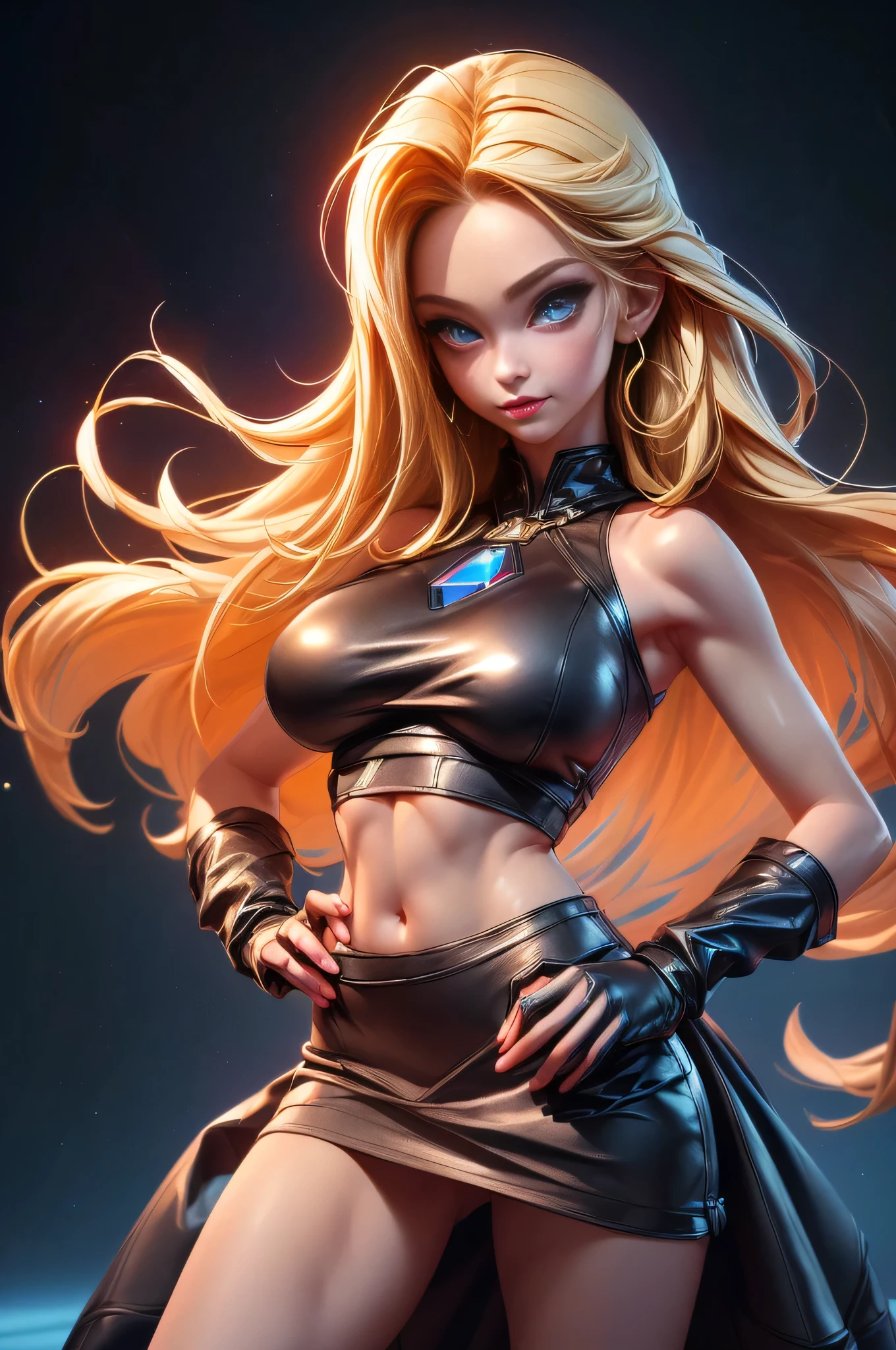 Olivia Wilde as Emma Frost, wearing black tube top and tight black leather pants, cleavage showing, pale white skin, blonde hair, beautiful detailed eyes, luscious big round breasts, slim waist, wide hips, perfect slim athletic body, ; PhotoRealistic, Ultrarealistic, highres, 8k, dark cinematic lighting; cobblestone garden behind her house, night time,