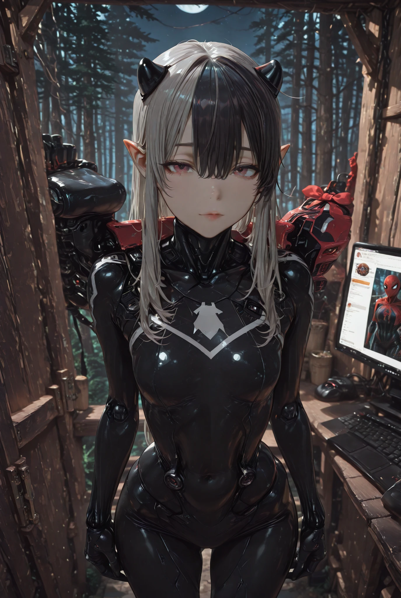 ((perfect anatomy:1.2,realisitic:1.3,high-class photo:1.3,artwork、higher quality、Ultra - high definition、high definition、Highly detailed computer graphics、8 thousand.)),((best quality)), nsfv, small breasts, Rounded breasts, Pronounced clavicles , skinny arms, smooth stomach, visible pelvic bones , whole body, long well-groomed hair , gray hair with black strands, hair combed back,hair with two long tails, image of female Venom from Spider-Man, Белый Cyborg costume симбиота, realistic shadows, detailed leather, Very small breasts, Rounded breasts, Very detailed, very detailed face, perfect face shape , [perfect lips, perfect nose, fix beautiful eyes, best quality, very revealing clothes, slutty costume , unpacked, ((backend types)),black hair strands, in a fabulous night forest, backend types, slavic face, Night, moonlight, aerial view , shows off his hips, everything on the web, spider web suit , Cyborg costume, elf ears, in the forest, bow and arrow, shoots and bows
