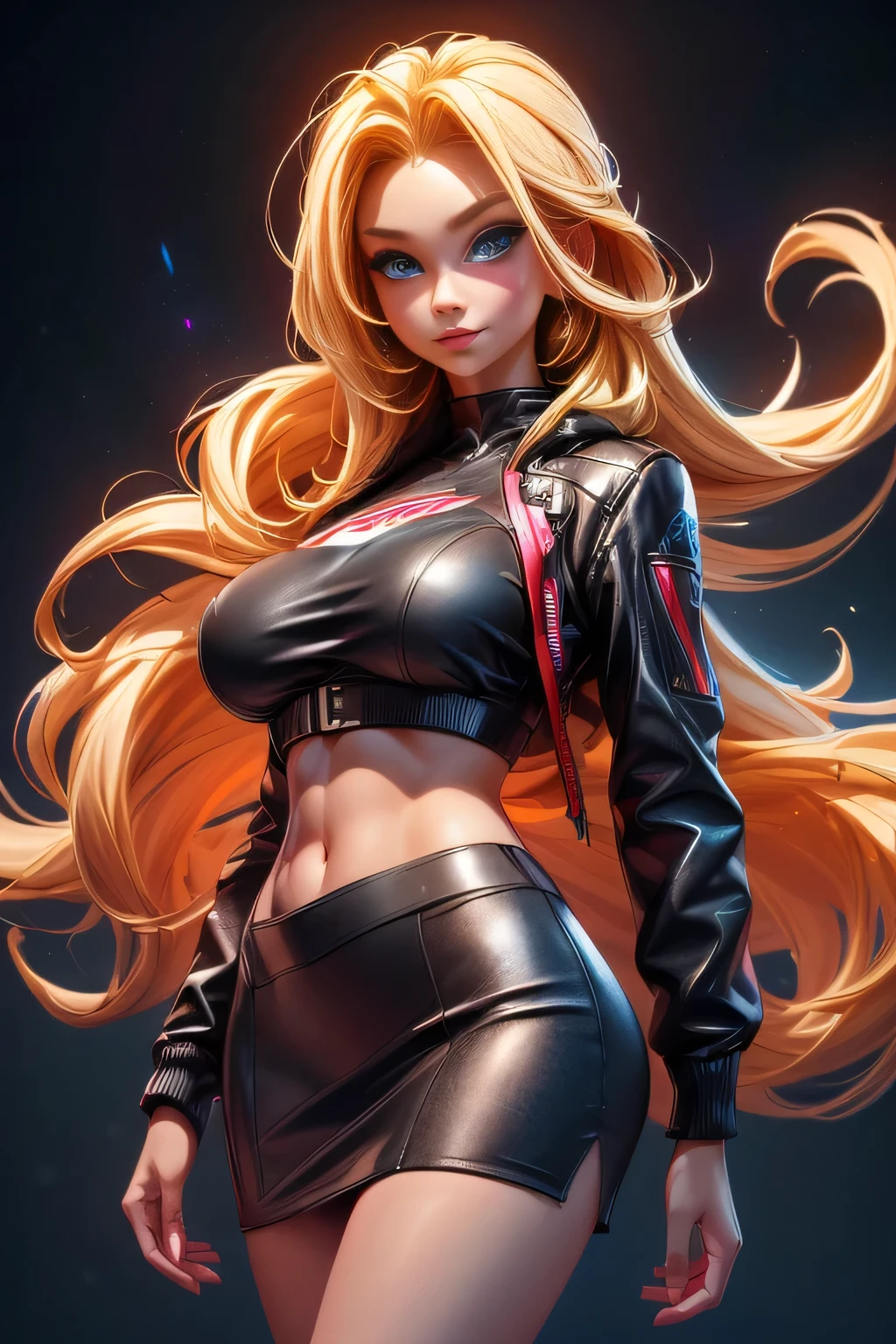 ((supermodel pose one hand on hip)) ((magnificent, majestic)) ((the most beautiful supermodel)) ((tan skin)) ((cute smile)) ((Big blue eyes)) ((very dark eyeshadows makeup)) ((bright red lips)), ((long straight  blonde hair, bright hair:1.3)) ((big breast:1.5)) ((slender body:1.3)) ((wear leather jacket and skirt)) ((bikini bra)) ((inside photo studio with black background and light reflectors on her)), ((high definition:1.5) ((masterpiece:1.5))((8k:1.5)) ((Best quality:1.4)), more_details:-1, more_details:0, more_details:0.5, more_details:1, more_details:1.5, more prism, vibrant color