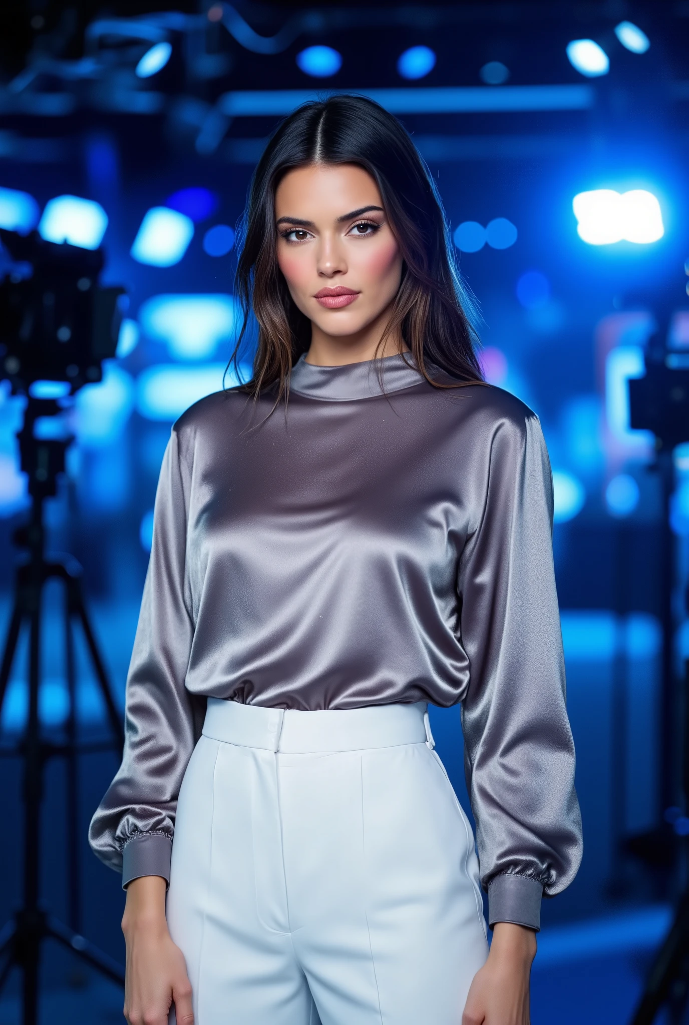 woman wearing a shiny silver satin blouse and white pantalon pants, news anchor, blue studio lights, soft longs straight hair, standing in a news studio, ready to present the news, backlit glow