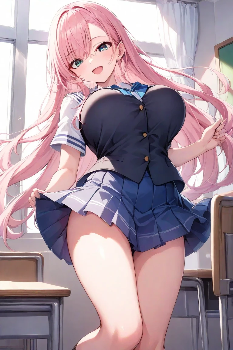 Beautiful illustration、top-quality、Cute little girl s、Bedroom、A pink-haired、length hair、(((Pink pleated skirt)))、(((pink sailor suit)))、shortsleeves、Colossal tits、a navel、Flipping up the skirt with your hands、Show white panties、Pull up your skirt and show your panties、bare-legged、blue eyess、on the beds、lovely thighs、glowing thigh、floating hair、wind、skirt lift by myself、naughty face、open stance