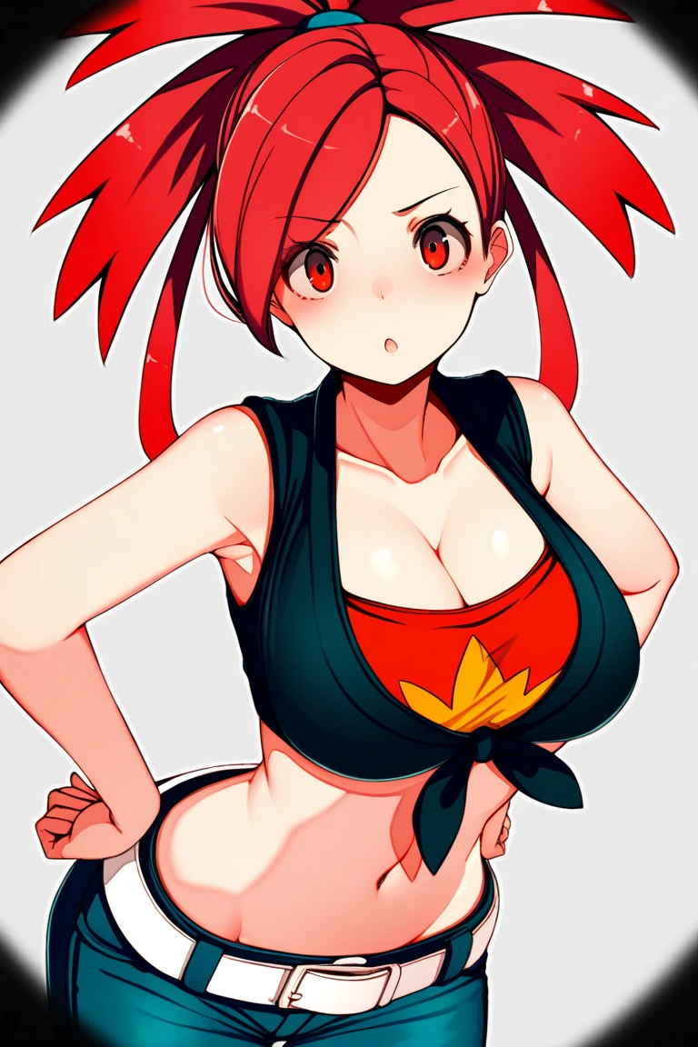high detailed, masterpiece, 1girl, posing sexy, subtle smile, pouting, full lips, red hair, high ponytail, brown eyes, perfect hands, big breast, deep cleavage, wide hips, thick thighs, black tshirt, crop top, red skirt, red high heel boots, clean scene, white background, white wall, shinny floor, white floor, <lora:p3r3zstyle:0.8>