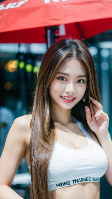 Tzuyu 1, woman, (Realistic), (Hyperrealism), (photoRealistic), Written boundary depth, eye make up:0.7 (whole body:1.2), (Large Bust),(Tight waist), Observe the audience,In the pits of a race track, Race Queen, A sexy dress with open shoulders and neckline