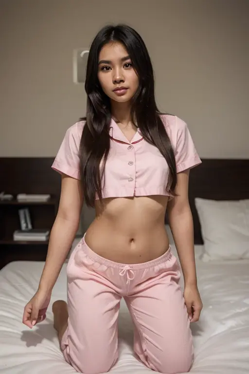 Sweet young jakarta junior high school girl, a naughty girl, 15 years old, perfect sweet georgeus face, look like an  Indonesian top model,  slim body, long slim sexy legs, descent mixed from minang and bugis,  round big briliant eyes, long eyelashes, beautiful bolt eyebrows,  nubian type beautiful nose, beautiful sexy red lips,  messy short black hairs, wearing white thin folded up tank top  t-shirt, wearing transparent thin  pink  panty, lying down cheerful straddeled both legs on a bed on her living room, in the morning, cute sweet smiling, very realistic, very detail, very natural, taken this picture using DSLR camera, no monster face, realistic, very detail, very natural, 4k, 