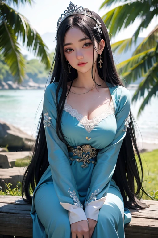 Masterpiece, top quality, official art, 8k wallpaper, highly detailed illustration, one girl, azure hair, long hair, detailed eyes, forest, bare shoulders, Hanfu, lake, pure, soft smile, bamboo, tea