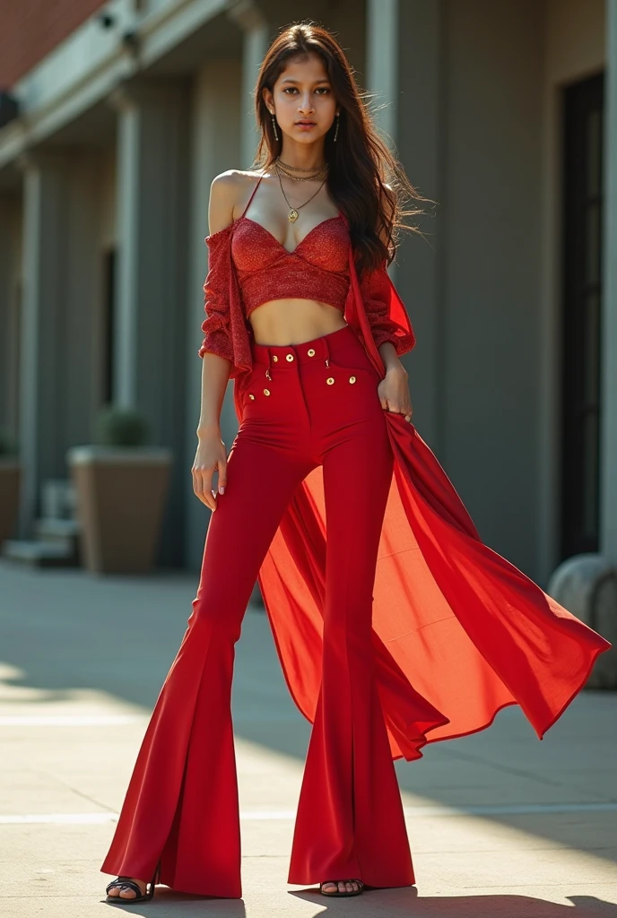 A women waring a red color saree jacket and a denim , demin's folderd need a bell bottom type and same material in a saree jacket
