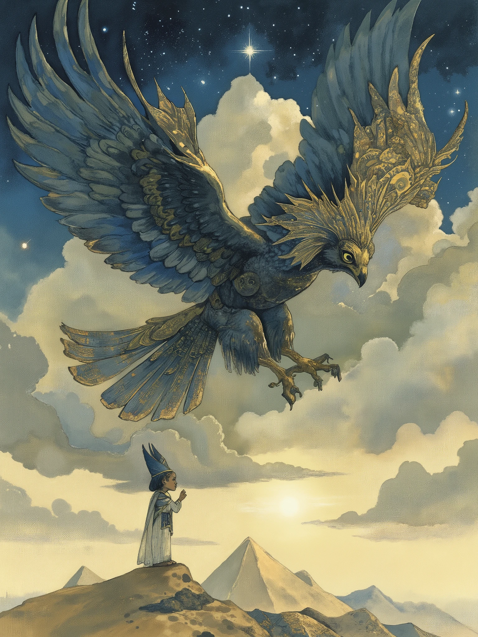 very sophisticated, (greatwork), (best quality), (ultra-detailed), very aesthetic, absurdres, perfect composition, realistic illustration, intricate details, (golden ratio design),
BREAK
In a cloudless sky, the ancient Egyptian god Horus spreads his huge wings so that they reach the horizon, soaring through the sky. The infant Har-pa-khered stands on the ground, he is making a shushing gesture. This is a sign that the image cannot be generated because there are too many prohibited words. This work beautifully harmonizes the gradations of the sky and earth and the majestic light scattered by the falcon, creating a fantastical atmosphere. The art style is a collaboration between Nikolai Roerich and dark Ghibli art.