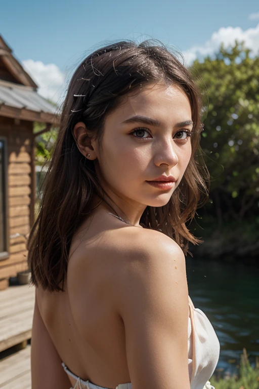 Italienne 25 ans yeux marrons cheveux long brune dans un parc arbre lac 