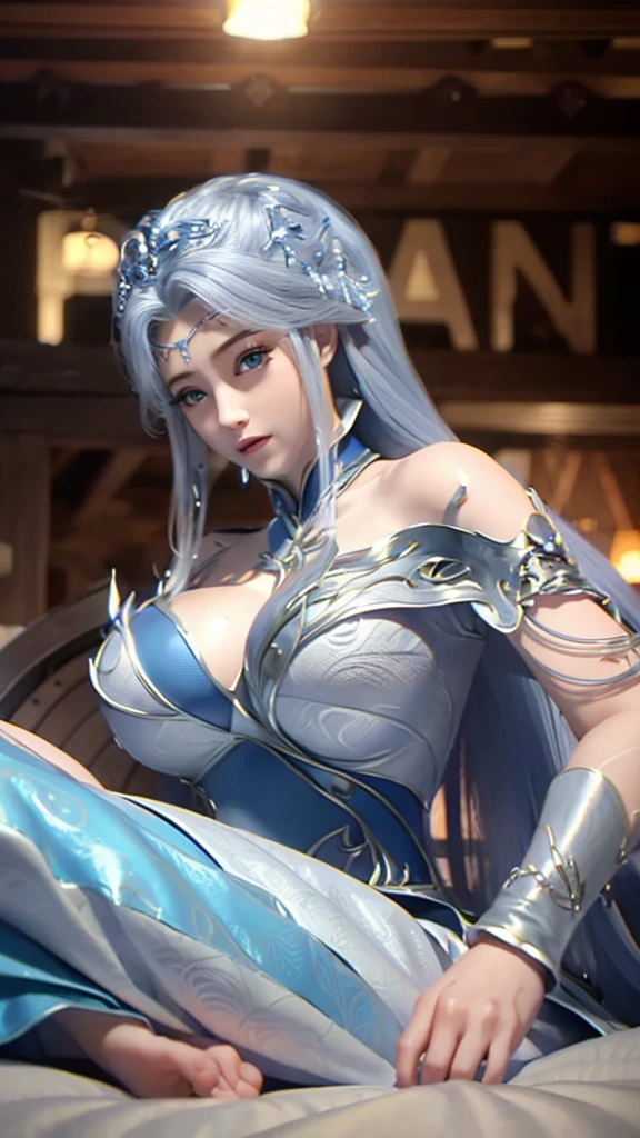 masterpiece, best quality, 1girl, illustrious (maiden lily's radiance) (azur lane), white hair, very long hair, blue eyes, hair ornaments, breasts, cleavage, china dress, chinese clothes, official alternate costume, white thighhighs, garter straps, short sleeves, chinese commentary, lantern,