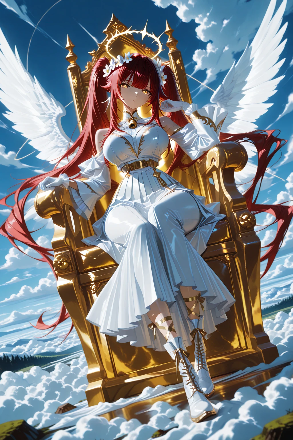 1 girl ,golden eyes , very long hair , long sidelocks, red hair , petite , very cute , beautiful ,Straight hair, cool, handsome, hair ween eyes, , mediumlarge , cool, wings, huge angelwings, halo, beautiful,  flower crown, white vintage Pleated crop blouse with bell sleeves and  shoulders, long white skirt with ruffles, white heeled boots, white gloves, Delicate belt chains with feather jewelry, white theme, sky , leg ribbon,  solo, full body, half lying, Clouds throne, sitting on Clouds throne, big huge Clouds throne, A throne of clouds, huge big curly twintails, in the air,  ((dynamic angle)), dynamic pose, outdoors, nature,  masterpiece, best quality, amazing quality, very aesthetic, 8k, HDR, cinematic, 