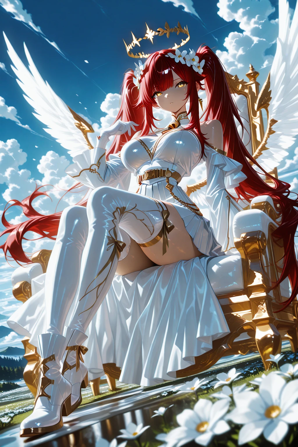 1 girl ,golden eyes , very long hair , long sidelocks, red hair , petite , very cute , beautiful ,Straight hair, cool, handsome, hair ween eyes, , mediumlarge , cool, wings, huge angelwings, halo, beautiful,  flower crown, white vintage Pleated crop blouse with bell sleeves and  shoulders, long white skirt with ruffles, white heeled boots, white gloves, Delicate belt chains with feather jewelry, white theme, sky , leg ribbon,  solo, full body, half lying, Clouds throne, sitting on Clouds throne, big huge Clouds throne, A throne of clouds, huge big curly twintails, in the air,  ((dynamic angle)), dynamic pose, outdoors, nature,  masterpiece, best quality, amazing quality, very aesthetic, 8k, HDR, cinematic, 