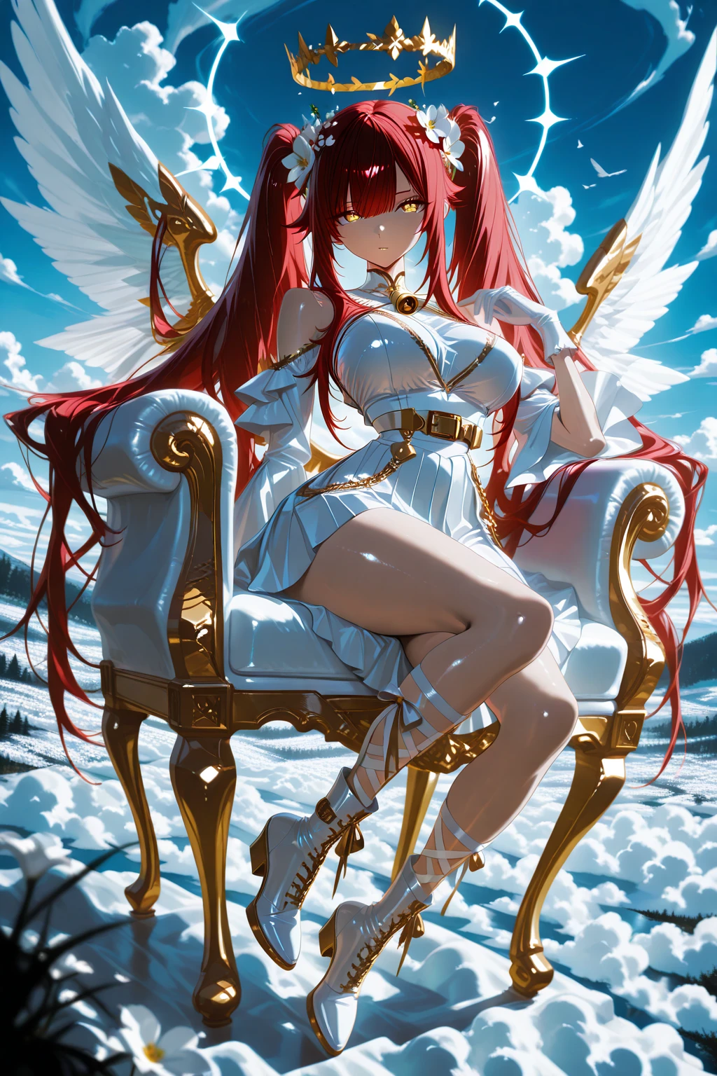 1 girl ,golden eyes , very long hair , long sidelocks, red hair , petite , very cute , beautiful ,Straight hair, cool, handsome, hair ween eyes, , mediumlarge , cool, wings, huge angelwings, halo, beautiful,  flower crown, white vintage Pleated crop blouse with bell sleeves and  shoulders, long white skirt with ruffles, white heeled boots, white gloves, Delicate belt chains with feather jewelry, white theme, sky , leg ribbon,  solo, full body, half lying, Clouds throne, sitting on Clouds throne, big huge Clouds throne, A throne of clouds, huge big curly twintails, in the air,  ((dynamic angle)), dynamic pose, outdoors, nature,  masterpiece, best quality, amazing quality, very aesthetic, 8k, HDR, cinematic, 