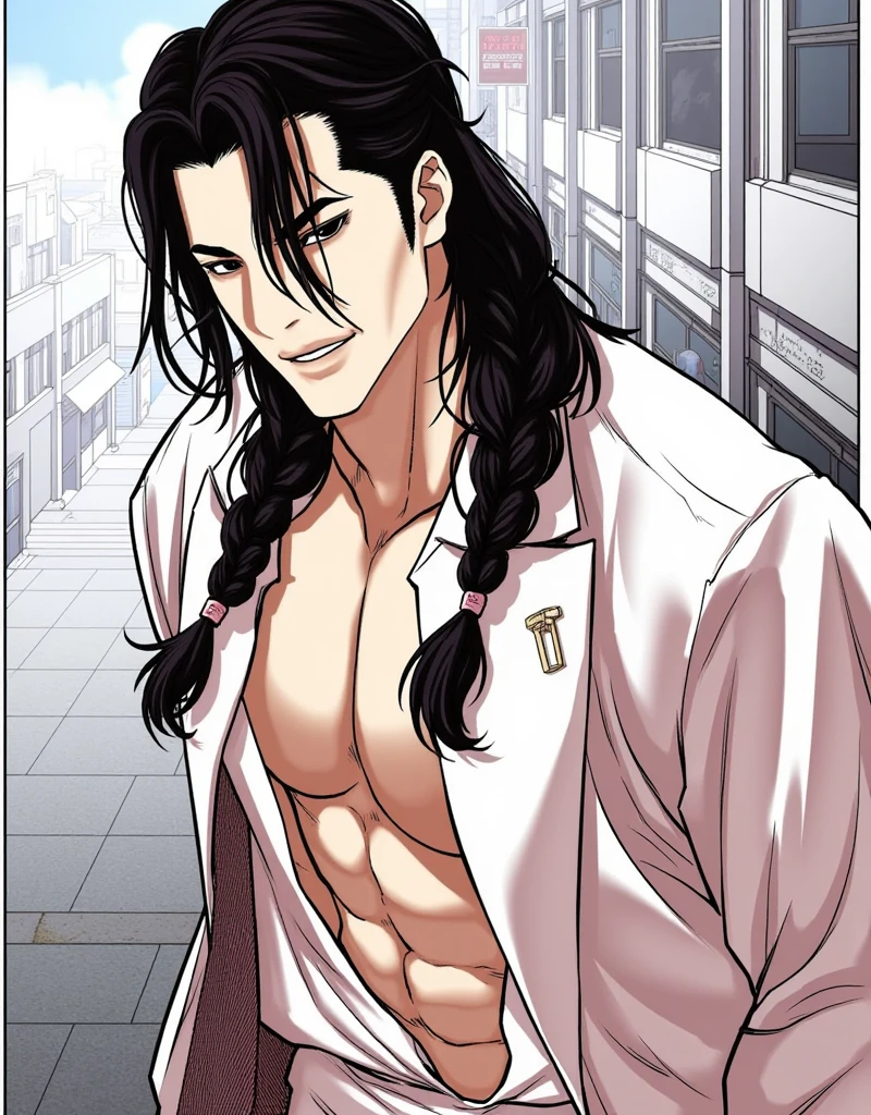 Nest Shoyo, 1 person, alone, (White jacket:1.1), chain, Denim pants, Brown eyes,  Upper body naked:1.3, Pectoral muscle, Abdominal muscles, bulge:1.1, Lying in bed, relax,Oily skin, Grin, Place your hands behind your head, good looking, Charm, masterpiece, High resolution, Detailed face, Detailed eyes, Erotic feelings, pillow, Perfect photo, Very detailed, High Contrast , Colored, Bright colors, Perfect color palette
