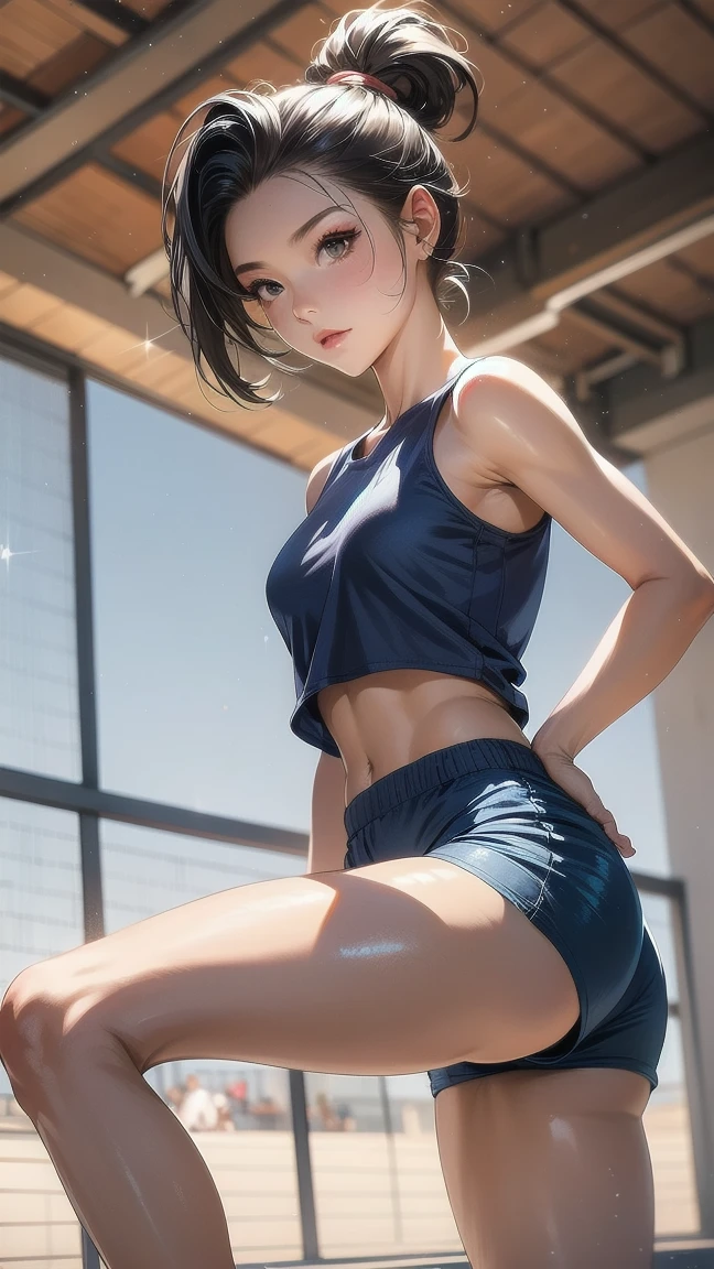 ink painting style, sketch, dynamic image of a female athlete with large breasts and a toned muscular body, short black tousled pixie hair, Blue eyes, the look of a man who has been on the verge of death, wearing a sports bra and very small skimpy black almost transparent thong panties, sneakers, A play of chiaroscuro