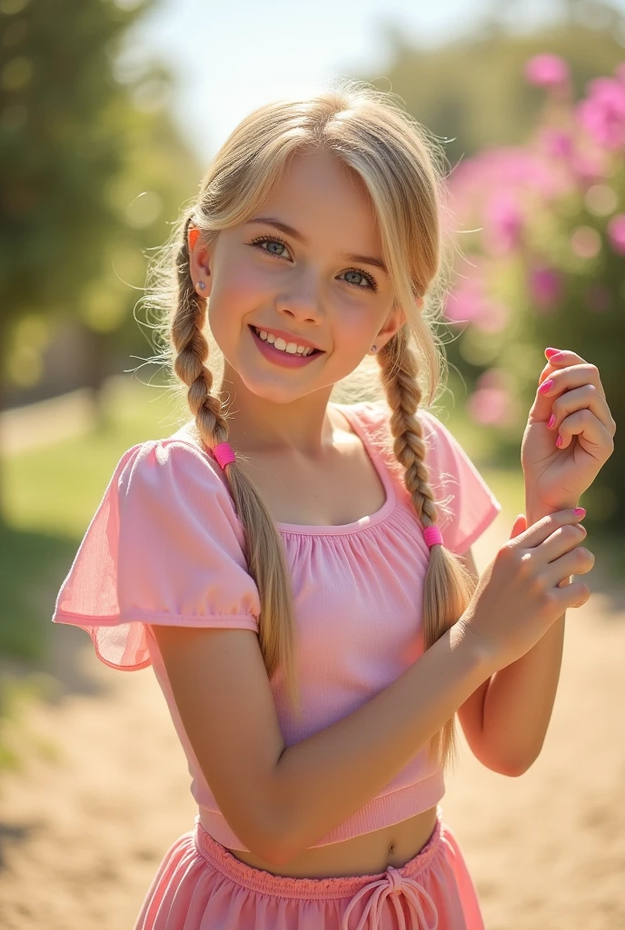 Close-up of a woman with a very large chest, , sehr realistisch, with black pigtails, blonde hair with braids, Girl with pigtails, young and cute girl, Hair in braids, She has two ponytails, pigtails, Badeanzug