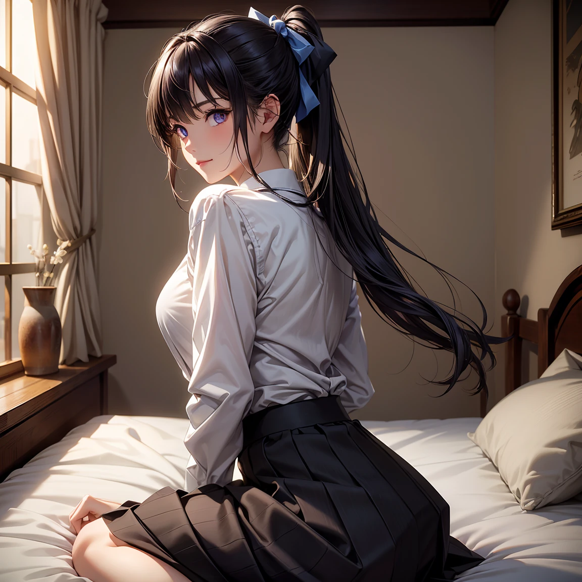(masterpiece, best quality), (absurdres:1.2), novel illustration, (ultra detailed, 8K, ultra highres:1.2), 1girl, young, detailed face, detailed eyes, detailed hands, slim, long hair, ribbon, sitting on bed, shy, blush, (undressing:1.4), (dynamic pose:1.2), (shirt only),