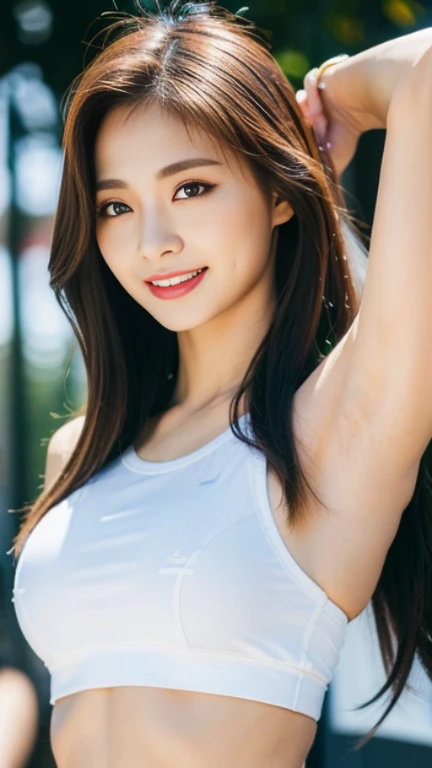 (detailed face),((crotch)),normal breasts,pretty,white sleeveless t-shirt,4k ,super high resolution ,(photo-realistic: 1.7), gray background,long hair,