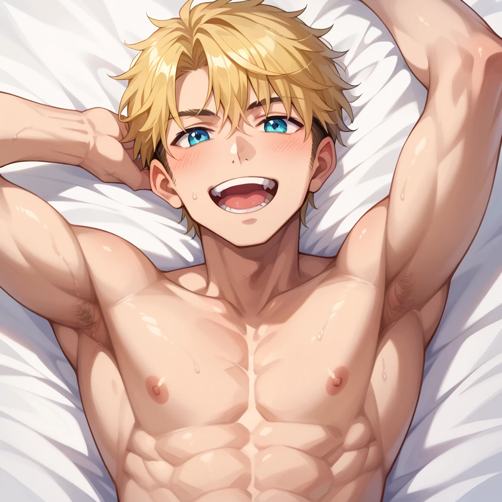 high quality, detailed, Realistic, (one 16 years old japanese boy), (detailed blue eyes), (abs:1.5), (shiny skin), detailed nipples, blond hair, (black tiny thong), (erected bulge), summer beach, (smile:0.8), close up face, (sweat:1.4), (cum:1.4), (cum on chest),
