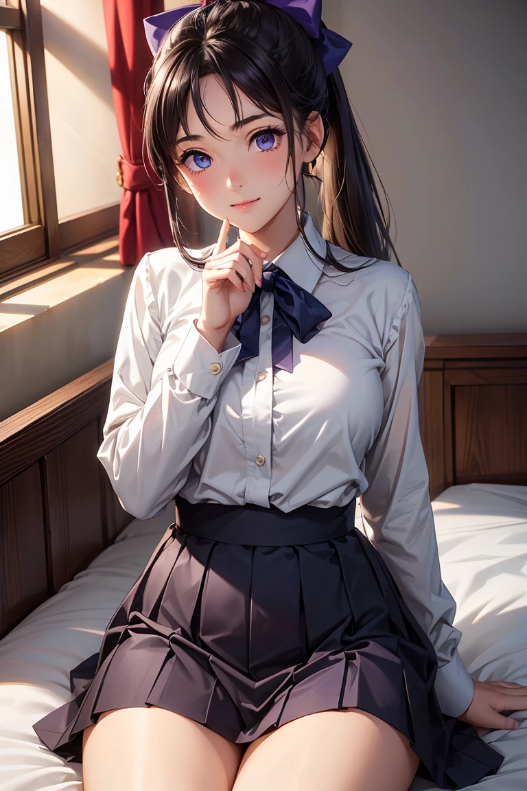 very cute and beautiful girl,(very detailed美しい顔と目:1.2), smile,blush,(white school blouse,ribbon), black hair,twin blade,sitting,(spread your legs),Pleated Plaid Mini Skirt,white panties, antique hotel bedroom,plush furnishings, (highest quality,masterpiece:1.2),intricate details,very detailed,High resolution,alone, cinematic lighting,dynamic angle,