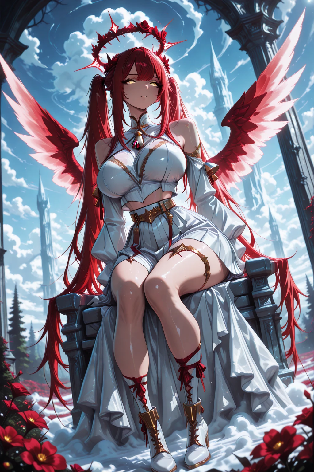 1 girl ,golden eyes , very long hair , long sidelocks, red hair , petite , very cute , beautiful ,Straight hair, cool, handsome, hair ween eyes, , mediumlarge , cool, wings, huge angelwings, halo, beautiful,  flower crown, white vintage Pleated crop blouse with bell sleeves and  shoulders, long white skirt with ruffles, white heeled boots, white gloves, Delicate belt chains with feather jewelry, white theme, sky , leg ribbon,  solo, full body, half lying, Clouds throne, sitting on Clouds throne, big huge Clouds throne, A throne of clouds, huge big curly twintails, in the air,  ((dynamic angle)), dynamic pose, outdoors, nature,  masterpiece, best quality, amazing quality, very aesthetic, 8k, HDR, cinematic, 