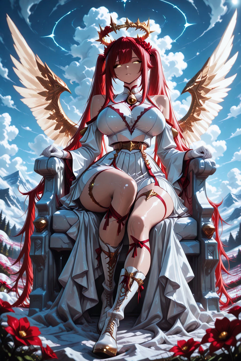 1 girl ,golden eyes , very long hair , long sidelocks, red hair , petite , very cute , beautiful ,Straight hair, cool, handsome, hair ween eyes, , mediumlarge , cool, wings, huge angelwings, halo, beautiful,  flower crown, white vintage Pleated crop blouse with bell sleeves and  shoulders, long white skirt with ruffles, white heeled boots, white gloves, Delicate belt chains with feather jewelry, white theme, sky , leg ribbon,  solo, full body, half lying, Clouds throne, sitting on Clouds throne, big huge Clouds throne, A throne of clouds, huge big curly twintails, in the air,  ((dynamic angle)), dynamic pose, outdoors, nature,  masterpiece, best quality, amazing quality, very aesthetic, 8k, HDR, cinematic, 