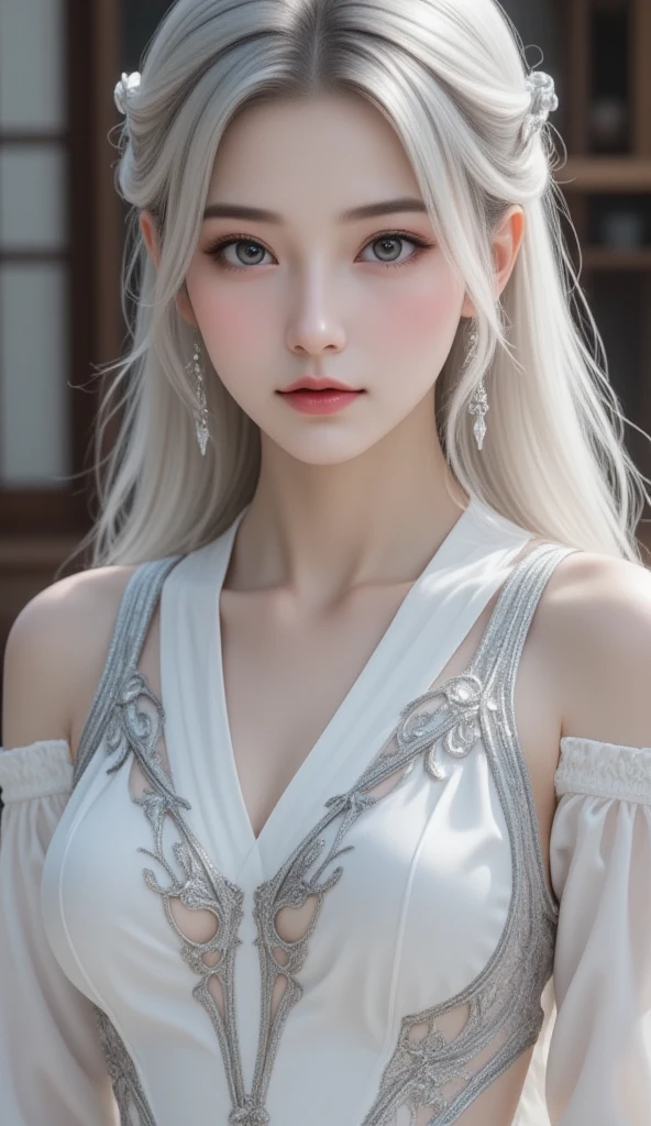 ((highest quality)), ((masterpiece)), (detailed:1.4), beautiful woman images,High resolution(High Dynamic Range),Ray Tracing,NVIDIA,Super Resolution,Scattered under the surface,PBR Textures,Post-processing,Anisotropic Filtering,Maximum depth of field resolution and crisp layered textures,Albedo and Specular Maps,surface shading,Accurate simulation of material interactions,Perfect balance,Rendering with Octane,2-color light,Large Diameter,Low ISO,White balance,Rule 3 points、8K raw data、Beautiful white and shining skin、White hair that changes with the light、Long bangs obstruct the view、Highlights of cheek luster、Sexy and very beautiful and lovely face、The most beautiful face in the world、Super long and gorgeous white hair、Smooth straight hair、White hair blowing in the wind、big, Sparkling light blue eyes、Beautiful Bangs、Beautiful cute girl 25 years old、Big tits cleavage、beautiful sexy dress