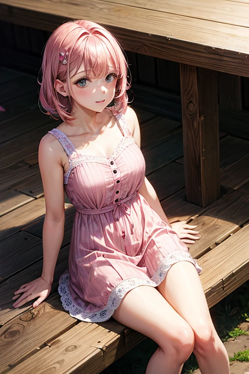 bedroom　Beauty　short hair　Blushing　Standing picture seen from the front　　Large breasts　Pink babydoll figure