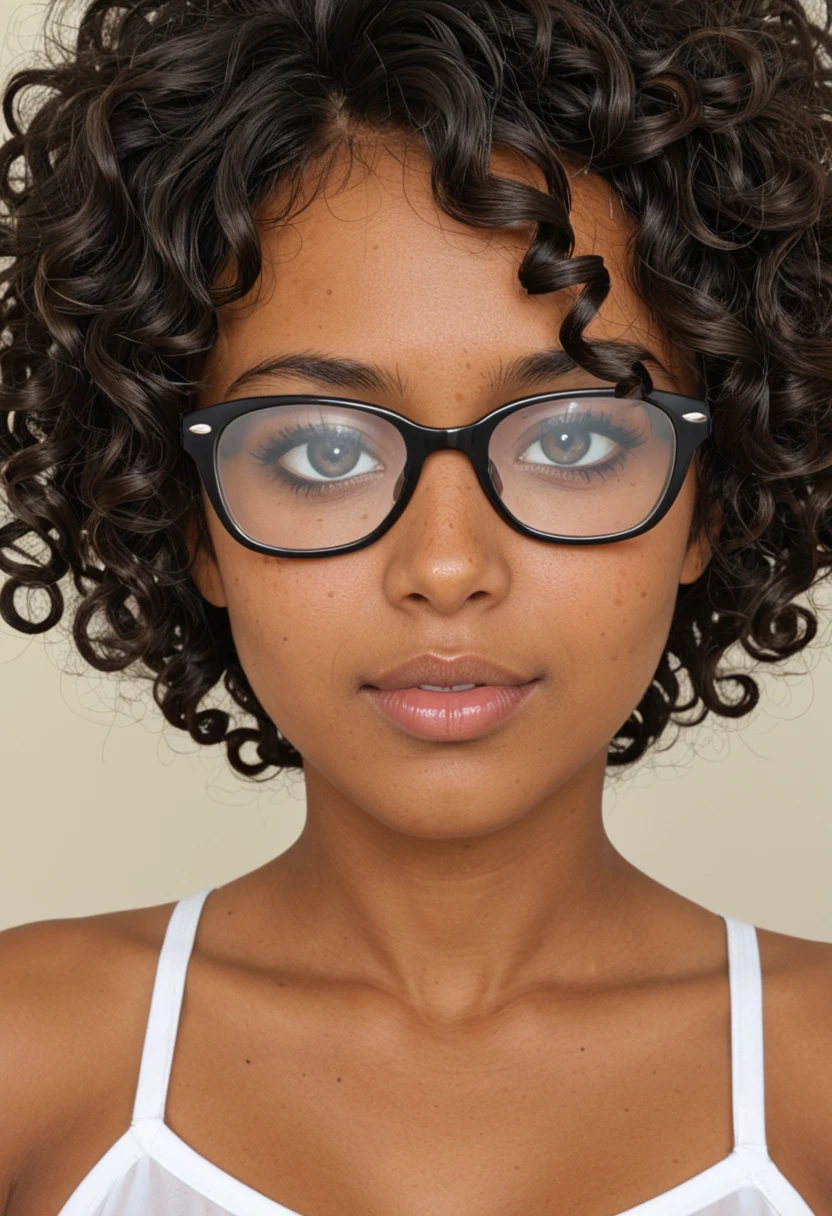 A tanned girl with black hair, curly and short Big black eyes, long eyelashes, with purple glasses
