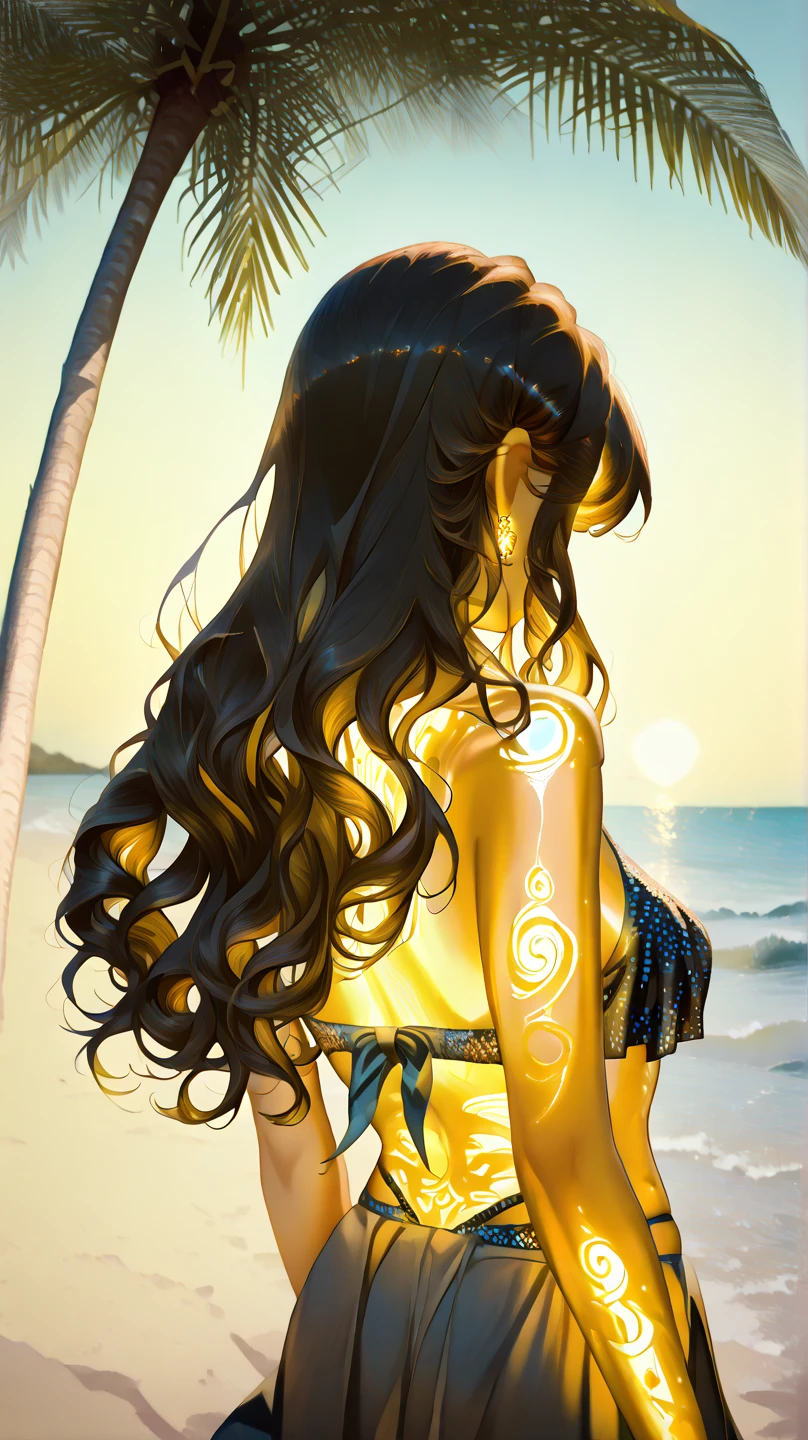 Draw an illustration. I want an island surrounded by ocean, There is a night moon in the sky. somehow incorporating an exploding star in space, a silhouetted fisherman on the island and a colorful mermaid. preferably a rear view so there's no face, just long hair to the mid-back.