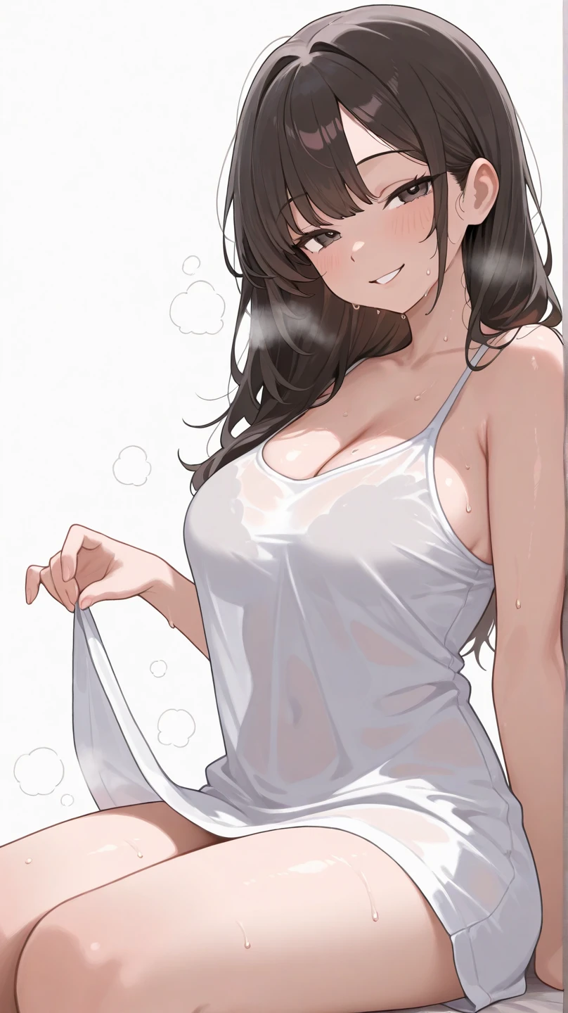 1 adult woman, (smile: 1.4), adult, light brown hair, wavy long hair, big, J-cup, (naked: 1.4), (see-through: 1.4), (hanging: 1.3), (white camisole: 1.4), (sweating: 1.2),