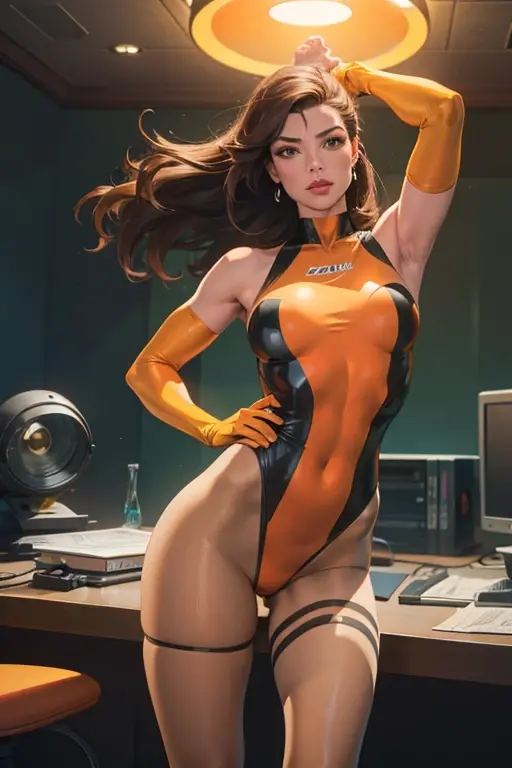 (best quality,8k:1.2,high resolution:1.2),ultra-detalhado,Realistic,retro science female,21 YEARS OLD,long hair,rosto extremamente detalhados,long eyelashes,all sheer light brown leotard de nylon Apertado,all light brown pantyhose, beige gloves,orange Glossy metalic accessories,Physically-based rendering,sharp focus,studio lighting