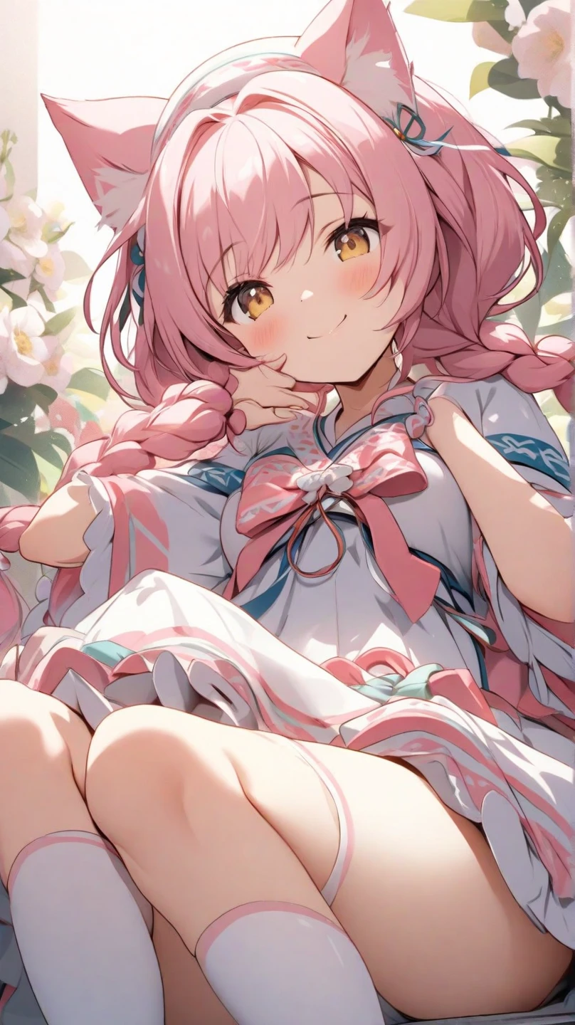 Dreamy shiny pink braids，Long white rabbit ears，Pink sailor suit，White  socks，White loose antique clothing，The eyes are pink，It's a cute girl