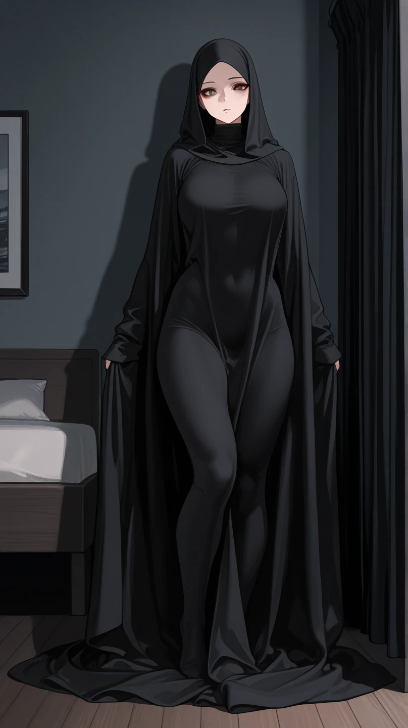 On a plush, oversized bed in a dimly lit room, a giantess lies on her side, her body creating inviting shadows on the silk sheets. A normal-sized man stands at the edge, his breath quickening as he gazes at her alluring form, her eyes locked onto his with a mischievous glint.