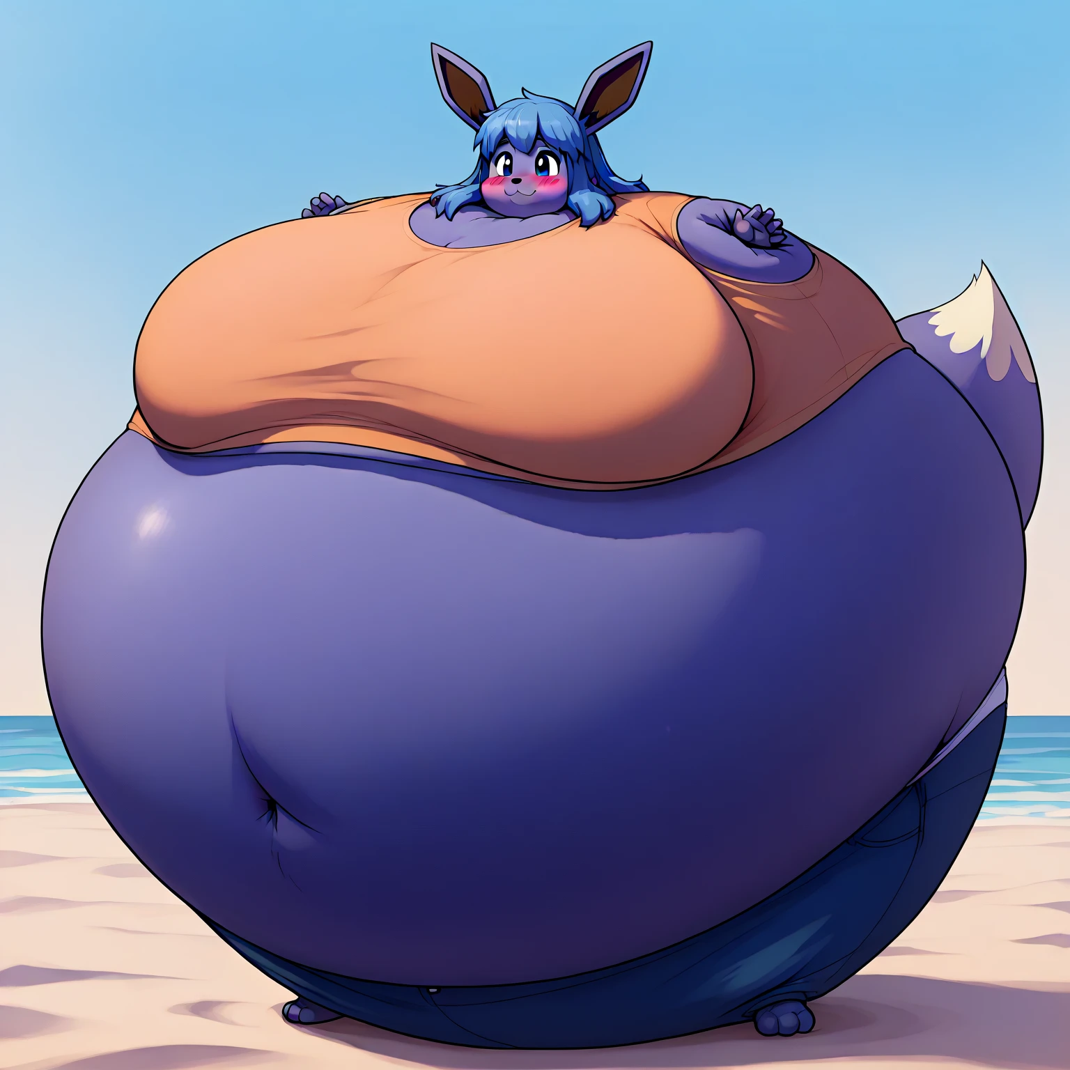 Lucario、muscle-gut, Giant Monsterountain of fat、The body is buried due to fat、The stomach is triangular、Extreme obesity、very thick fat、my stomach touches the ground、Stomach like a giant balance ball、Saggy belly, detailed eyes, Thick animal-like legs、Cheeks that store fat, thick arms、huge torso、thick neck、fat neck、legs buried in fat, thick twisted corners, at the beach,