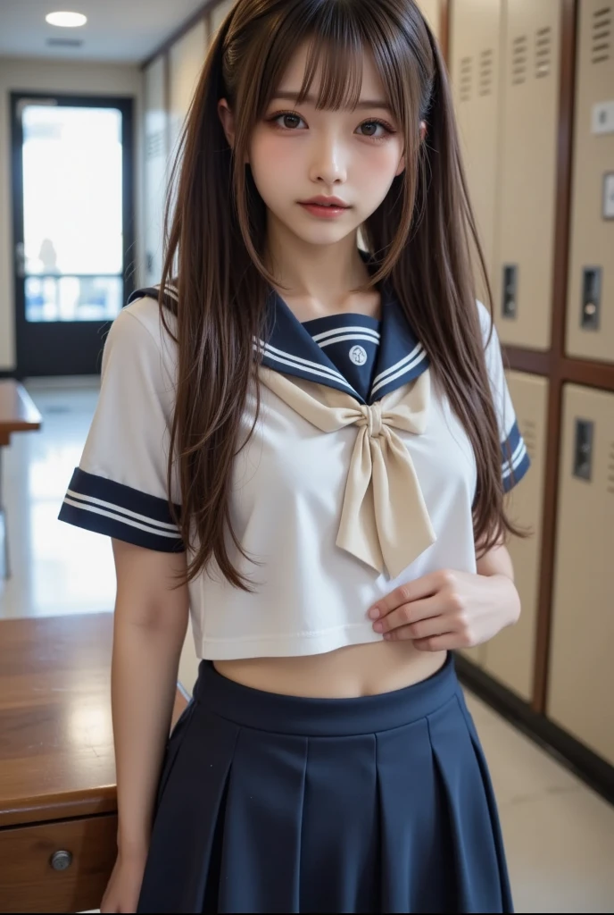 Both legs are raised high　The toes of both feet are raised higher than the head　The toes are up in the air　sitting with hands on knees　She faces forward and spreads her legs wide to the sides, showing off her too-small white cotton panties.、Her white panties made of lace material are visible.、White bra is visible, A beautiful young girl with blonde twin tails wearing a sailor suit is leaning on a fluffy white sofa, lifting her white blouse to reveal a white bra, and opening her legs and lifting her skirt to reveal white lace panties., a blond, Photos of very beautiful Nordic-born girls,　12years, Blonde hair ,Seductive open legs pose, 4k, top-quality, hight resolution:1.1), Drawing so that the crotch cloth of the white underwear is visible, tiny panties, white panties made of lace material 、Blue plaid skirt, Red plaid skirt, high school student uniform、 a sailor suit, Cleavage visible from the blouse, The clothes are fluffy, bed room, class room, dining room, tiny chest、 Angle from your feet, The bra is sheer、 Clothes are see- through、 White panties with ribbon NSFW
