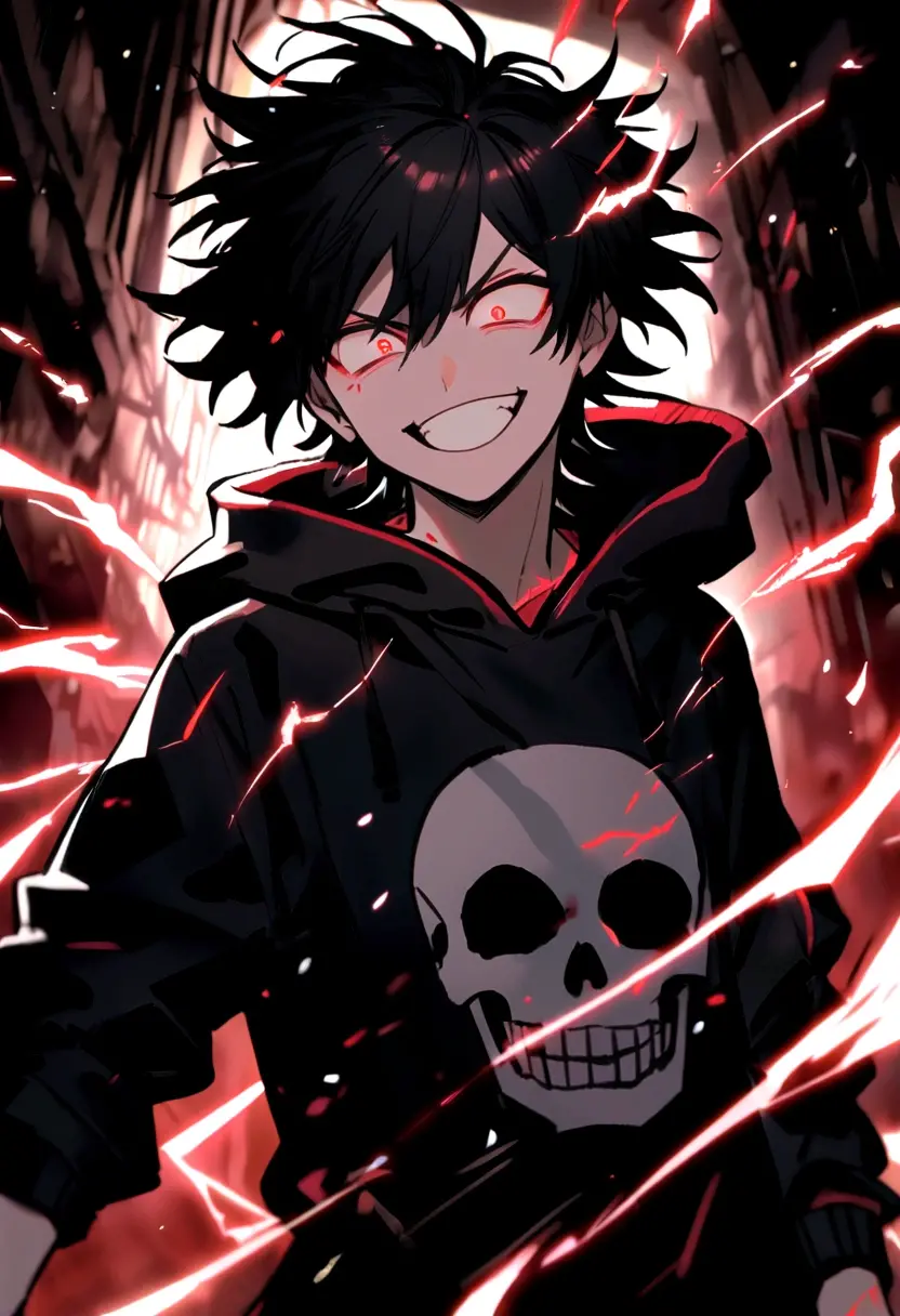 Man 17 years old Long black hair black and white sweatshirt with red electricity on his body with a manic smile