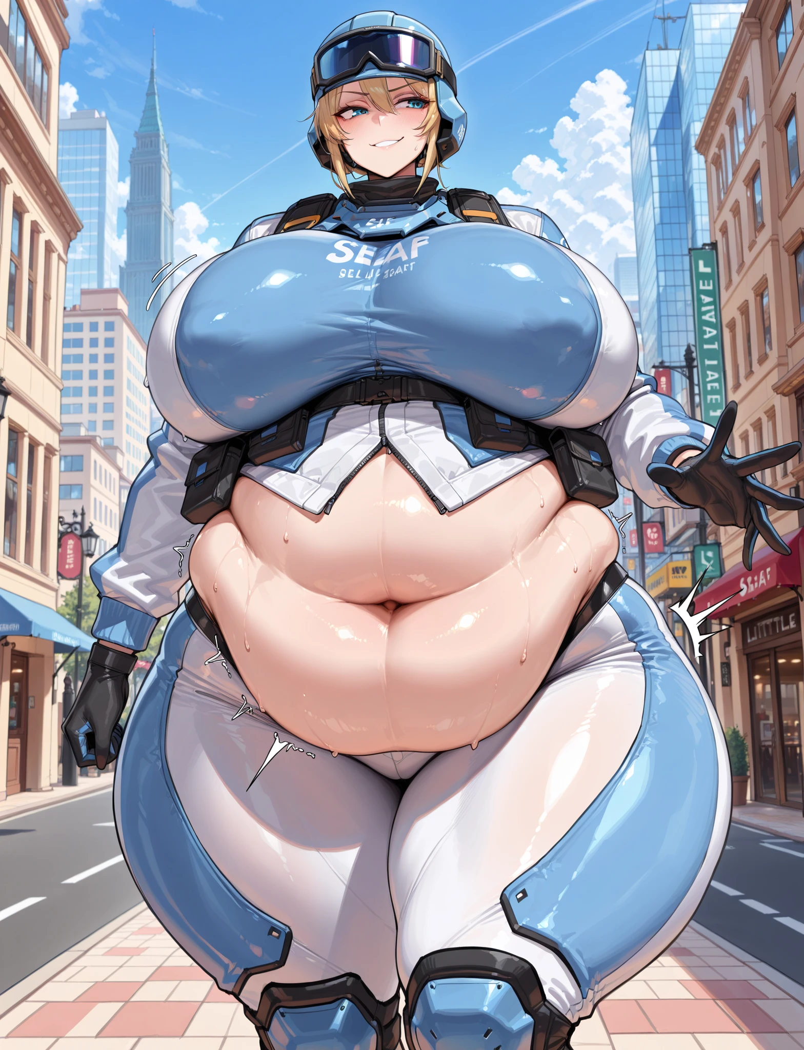 ((masterpiece, best quality:1.4,extremely detailed, detail face, detail eyes)), illustration, 8k, hd, 1female, (tall lady), whole body pic, solo, girl, adult body, short blond hair, blue eyes, , blue headwear , combat helmet , goggles on headwear , blue eyes , white jacket , long sleeves , bulletproof vest , black gloves , white pants , knee pads, city, building, smirk, slapping belly ((thick, thick thighs, big ass, large hips, massive breast, little bloated belly, front view))

