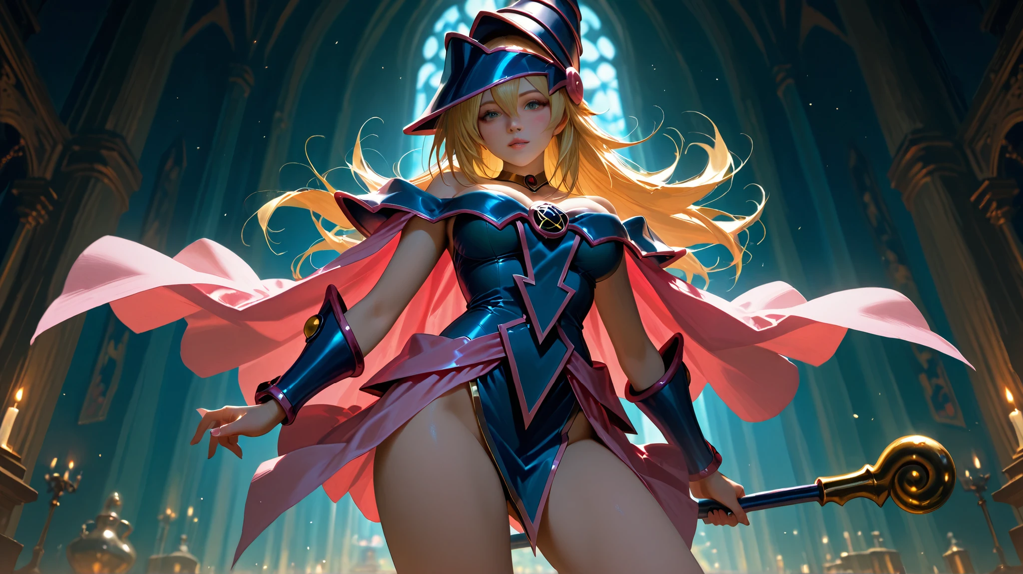 black magician girl、 sexy、 more details、 realistic 、 Top Masterpieces、 Fantasy Backgrounds、 right after the battle starts