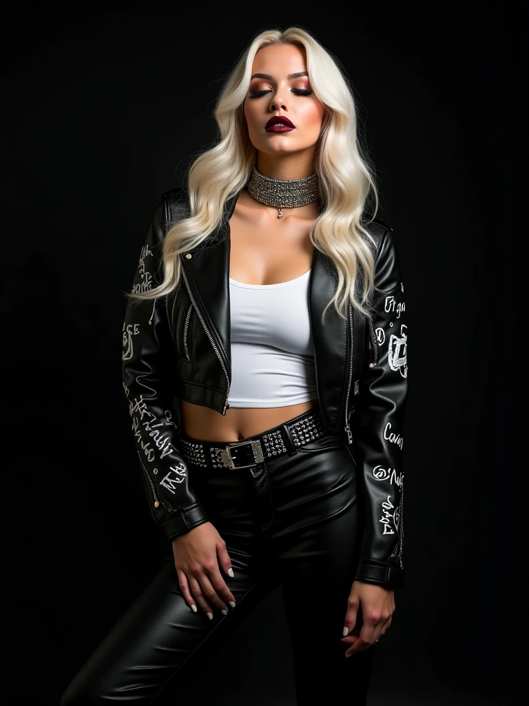 russian milf woman, biker gang member, platinum blonde hair (straight, middle part) with bandana headband, with very light blue eyes, extremely pale. Wearing cropped black moto jacket, push up bra bra, leopard print leggings and white tennis sneakers . Lots of metallic bracelets and lots of white pearl collars.Hands in hips. Wide loop earrings. Looks at the camera, overwhelmed: she tinks God is speaking to her 