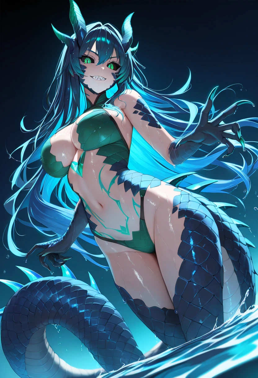 Complicated Detail,Sharply Focused, clean art, 1boy, textured skin, short hair, shota, young boy, nereid, twink body, scaly skin, blue skin, Detailed amber eyes, green hair, Vertical pupils, webbed hands, webbed fin legs, webbed fin ears, shark teeth, fish tail on back, flat chest, full body pose, lean and graceful, (white background), bipedal, flippers, small frilly fins on limbs, mermaid ears, webbed flipper-like feet