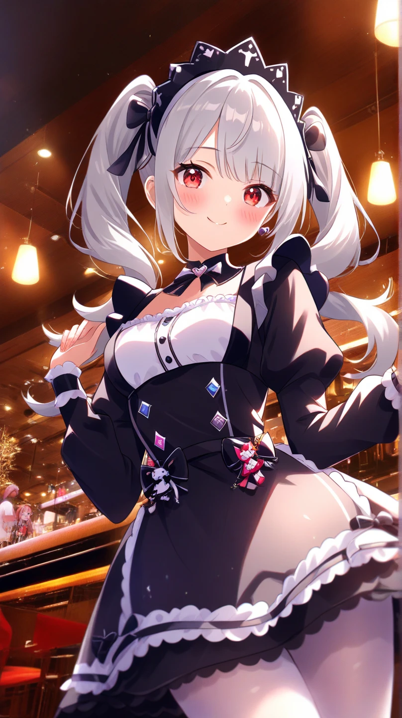 (Front Focus),(In the Dark:1.6), (Masterpiece, of the highest quality, best, Official art, Beautiful and aesthetic:1.2), game cg, Highly detailed and realistic CG, Colorful, Masterpiece, Best Quality, jewel-like eyes, 1girl, solo, (gray hair:1.5), shiny hair, very long straight hair, twintails, slender, skinny legs, magical girl, prity dress, party dress, black magical dress, layered mini skirt, panty shot, black pants, magical boots, zettairyouiki, black eyes, empty eyes, bursting breasts, sagging breasts, cleavage, black elbow gloves, latex, smirk, smile, jig eyes, jitome, half-closed eyes, tsurime, from pov, best quality eyes, sharp teeth, tsundere, leaning forward, hands on hip, teasing, smug, open mouth, fangs, tongue out, (Sharp Focus:1.2), big ribbon, cute headdress, luxury boots, dark skin, bunny ears,