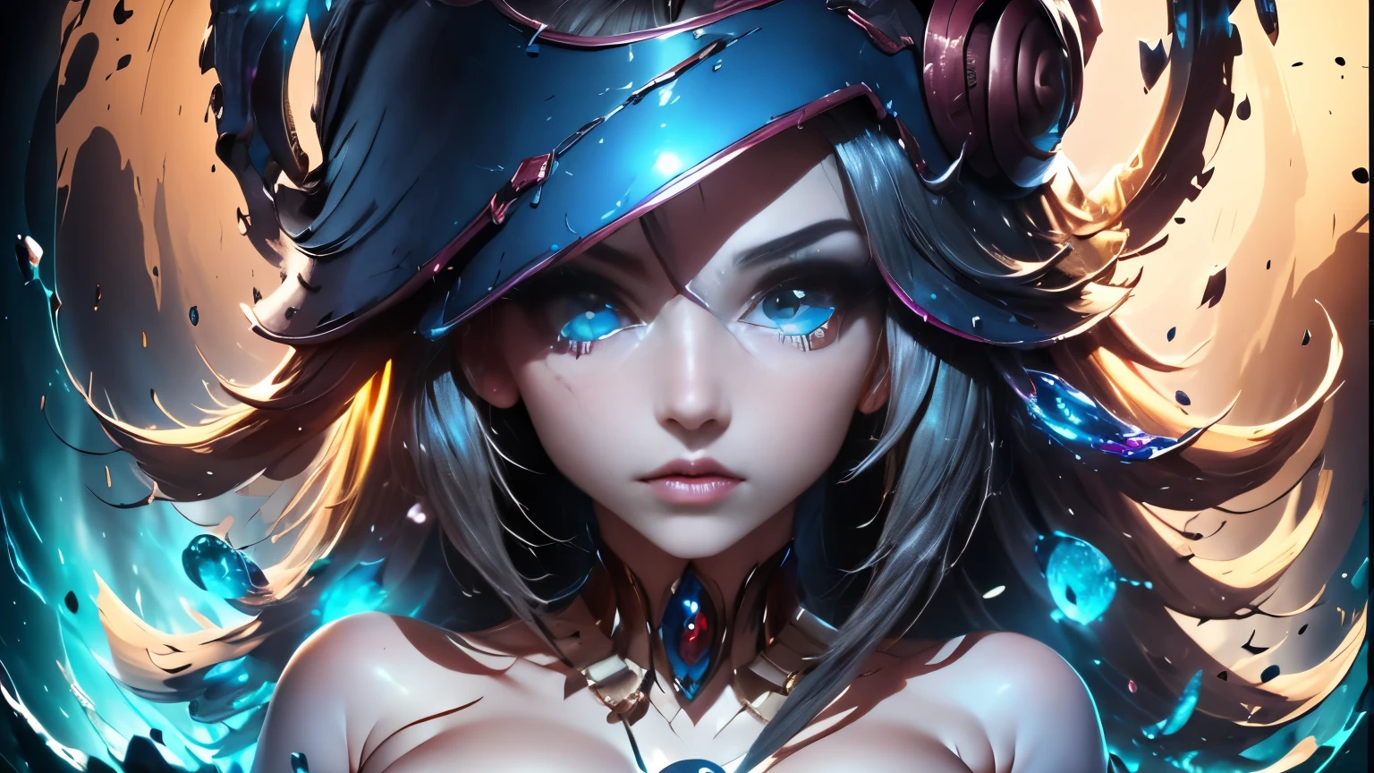mejor calidad, obra maestra, cabello rubio, ojos azules, mirando hacia arriba, parte superior del cuerpo. Dark magician gils. Rostro de Diosa.