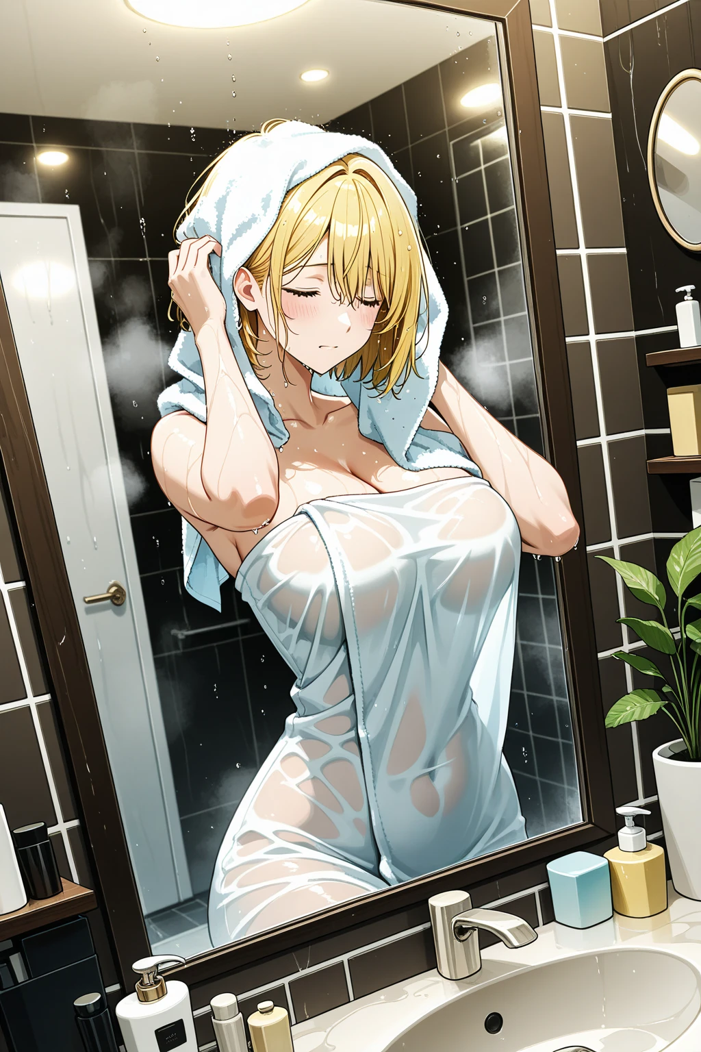 score_9, score_8_up, score_7_up, ymir fritz,1girl, solo, hairband, blonde hair, bangs, medium hair,shaded face,white dress, short sleeves, room,looking down, bathing, towel, medium breasts, nipples, navel, bath, steam, mist, blue eyes, arms behind head, armpits, sweaty armpits, legs, standing, side, on side, ass
